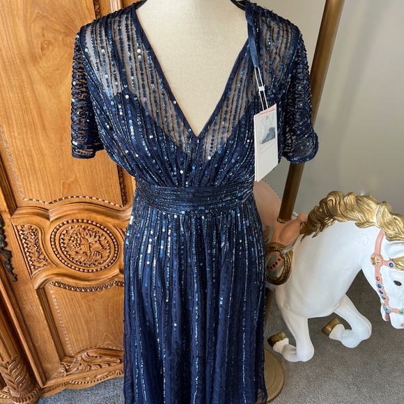 NWT Mac Duggal 14007 Embellished Short Sleeve Empire Waist Dress 6 Blue A-line - Picture 6 of 12